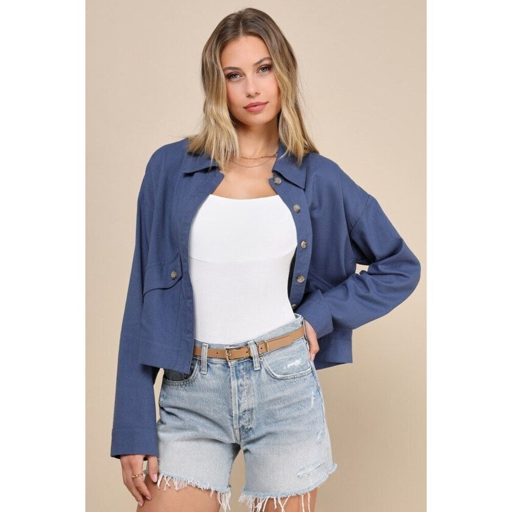 Lulus Competent Cutie Blue Linen Cropped Collared Chore Jacket - Size XS